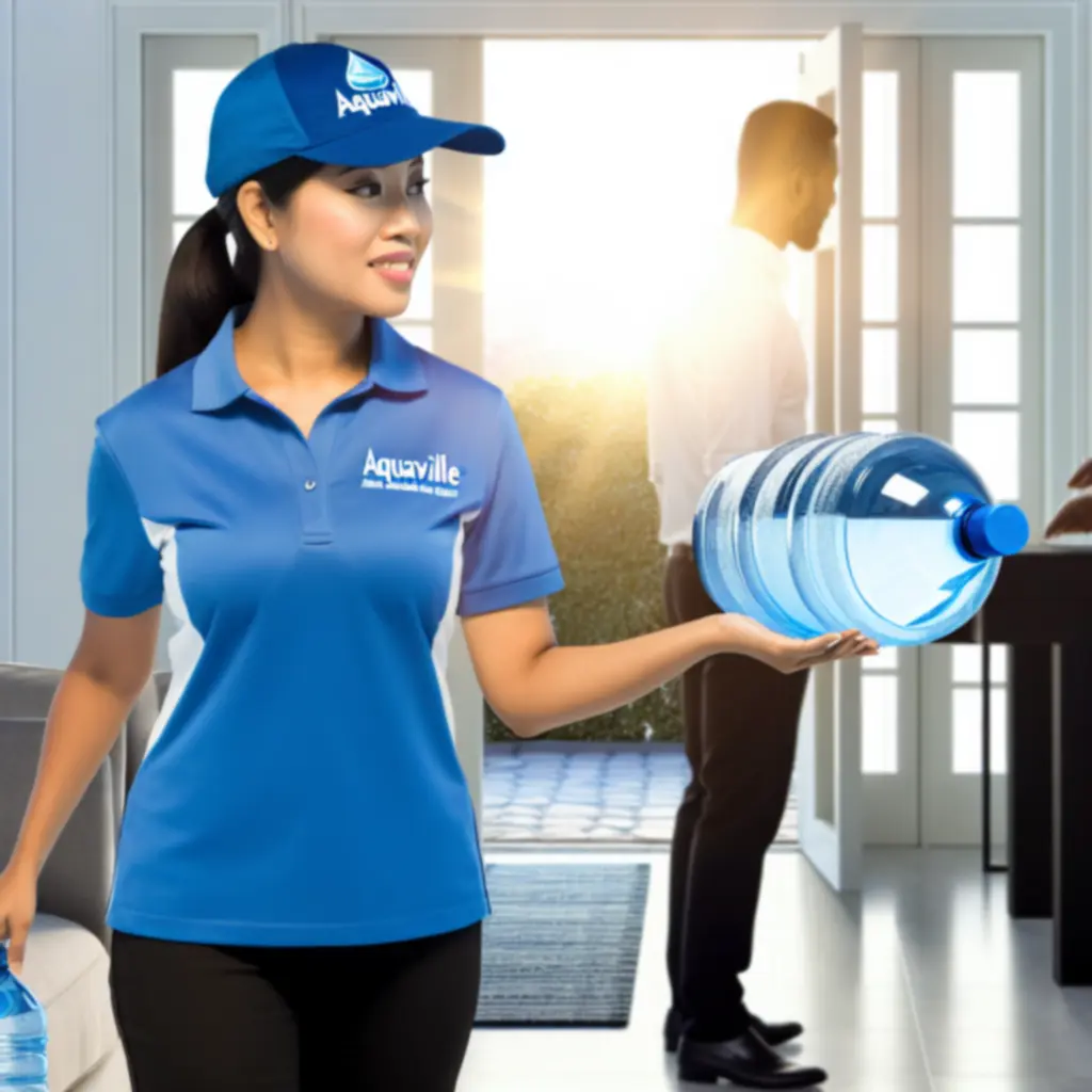 Kierowca Aquaville dostarczający butle z wodą do biura
