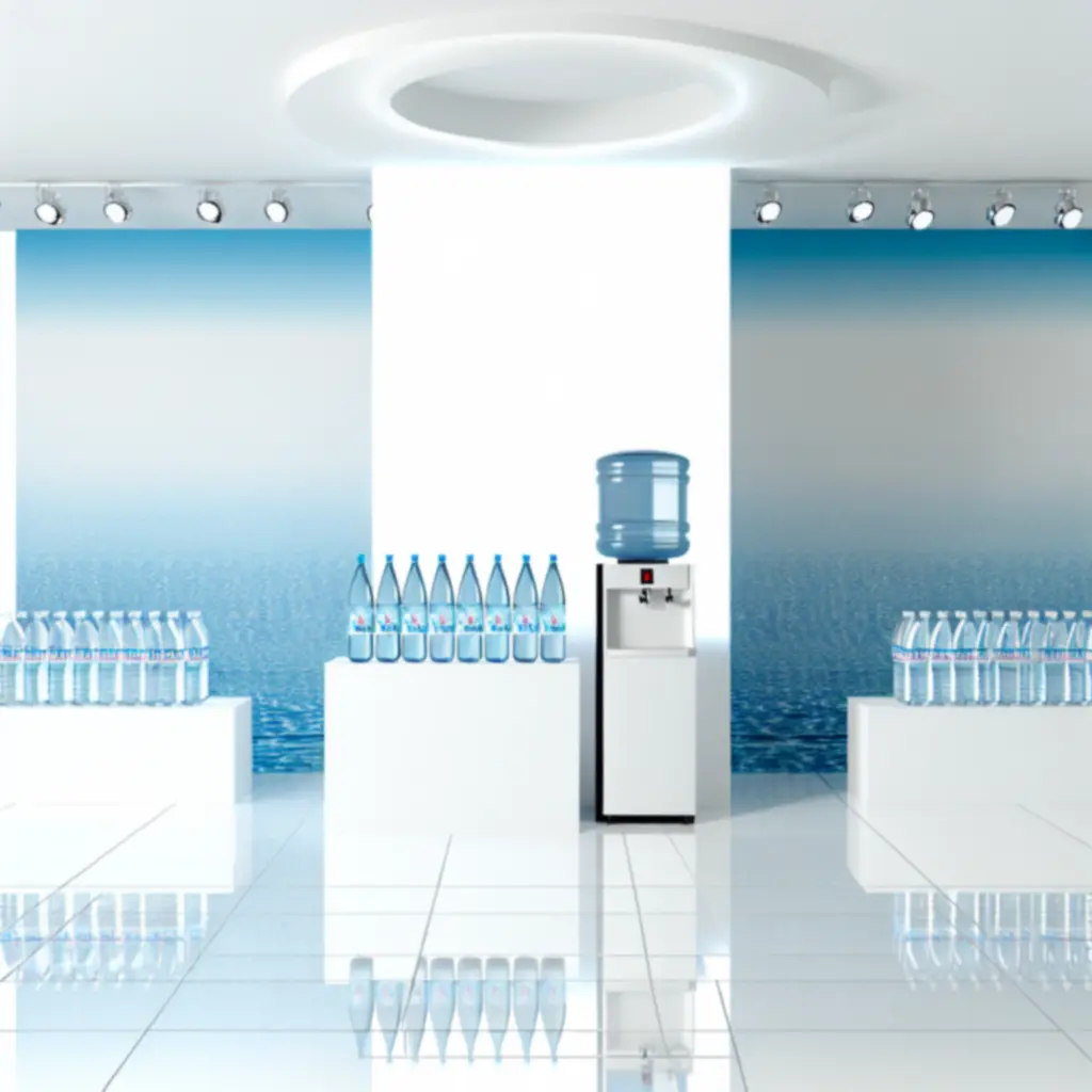 Nowoczesny sklep Aquaville prezentujący wodę butelkowaną, dystrybutory i akcesoria