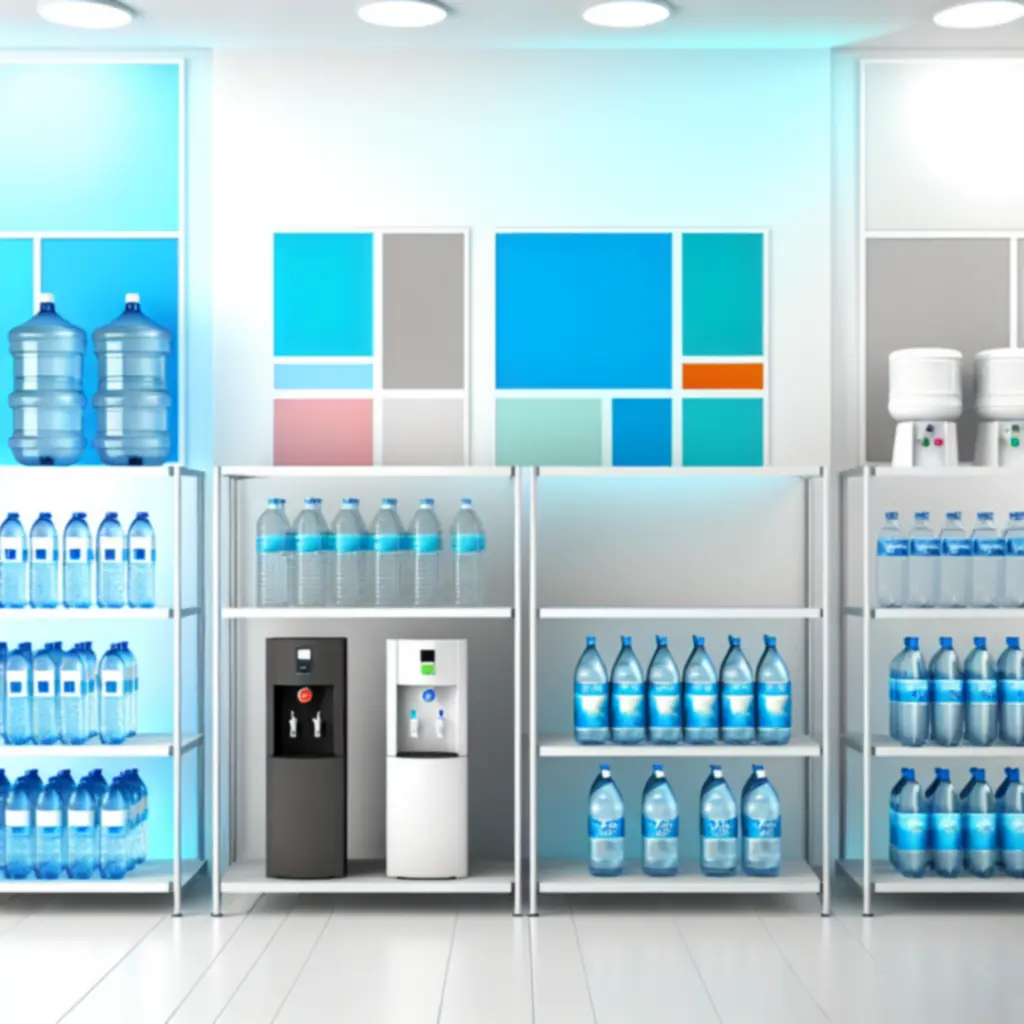 Nowoczesne coolery i dystrybutory Aquaville ustawione w jasnym biurze