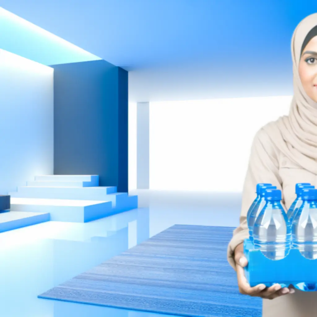 Kuriera Aquaville dostarczającego butle z wodą do nowoczesnego biura