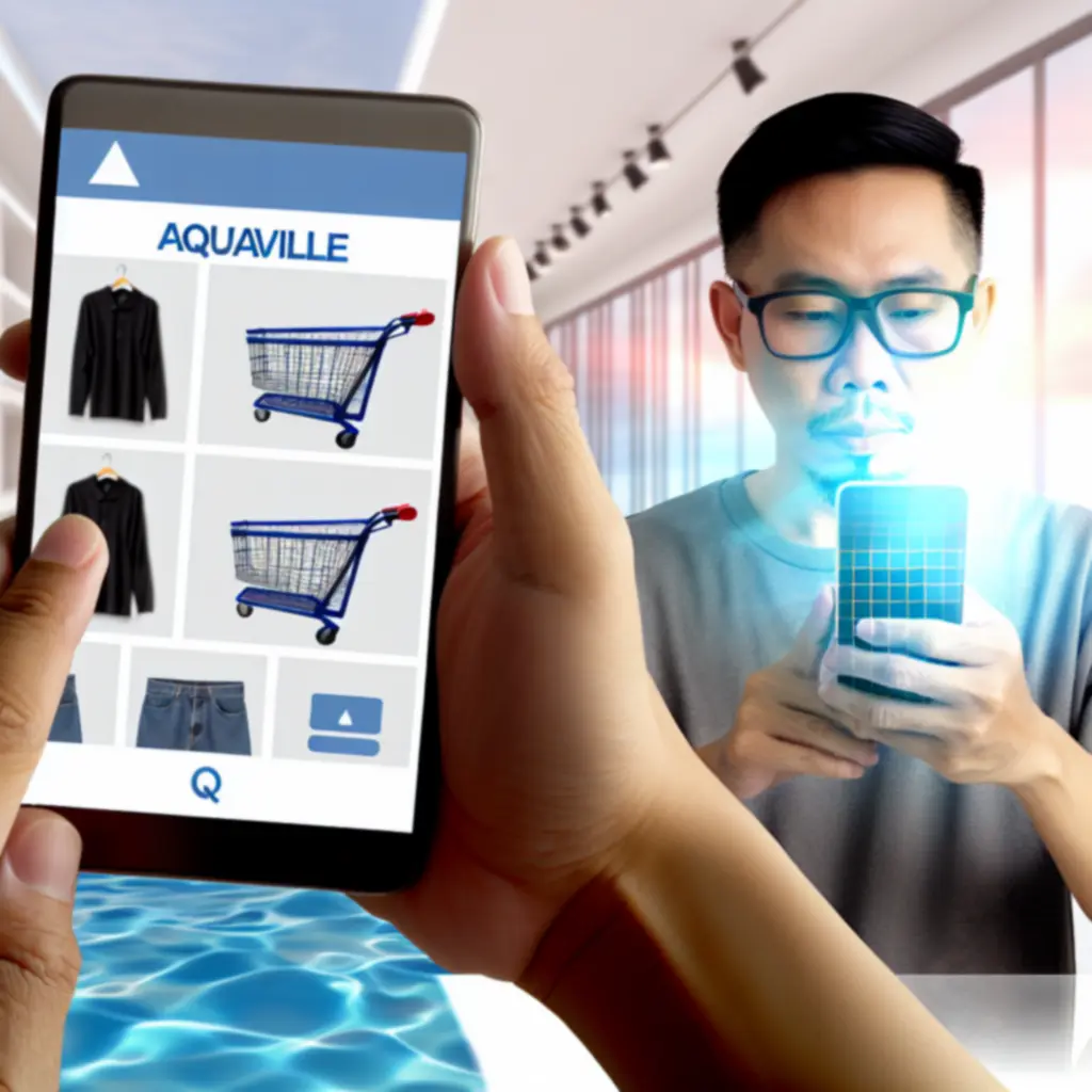 Klient Aquaville zamawiaj05cy wod19 na smartfonie z widokiem nowoczesnego sklepu internetowego